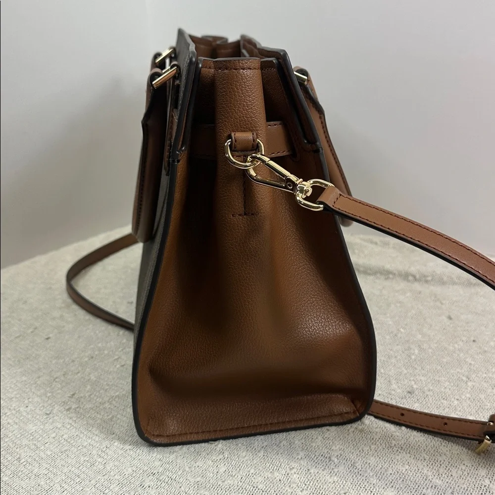 MICHAEL KORS Hamilton Medium Logo Satchel Purse Handbag Brown Gold NEW